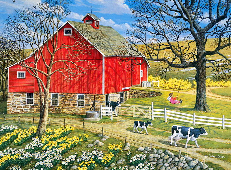 Child on Swing Near Barn