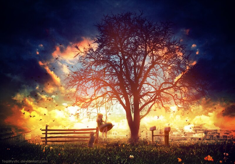 Child on Swing under Tree — Orange
