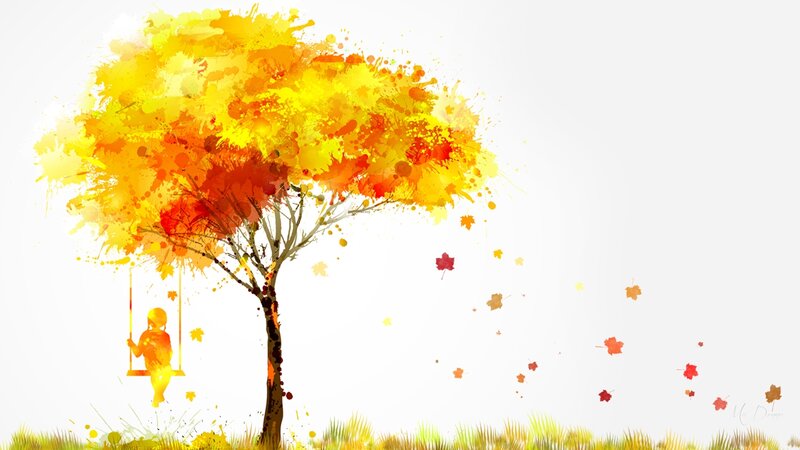 Child on Swing under Tree — Yellow