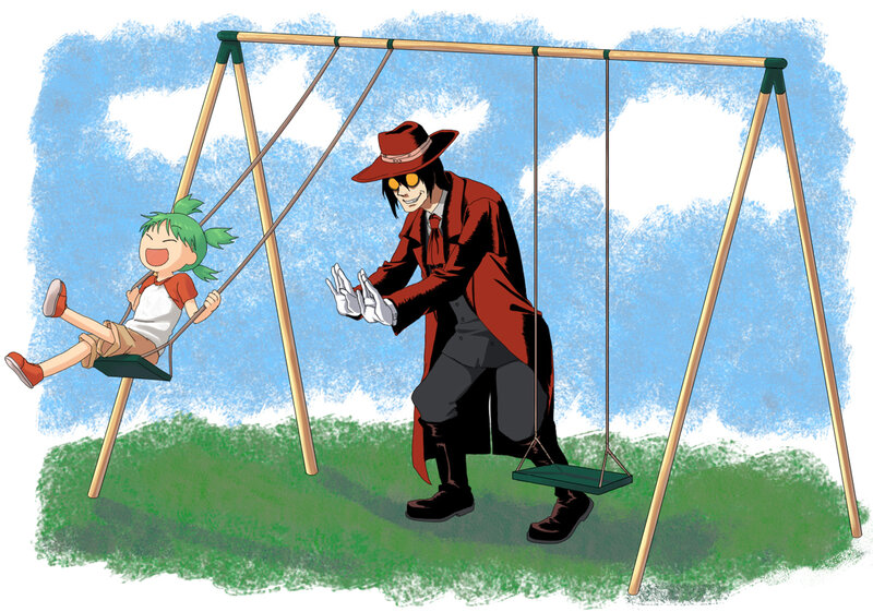 Child on swing with man in red coat