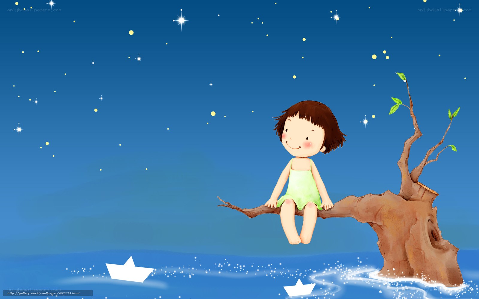 child on tree branch at night