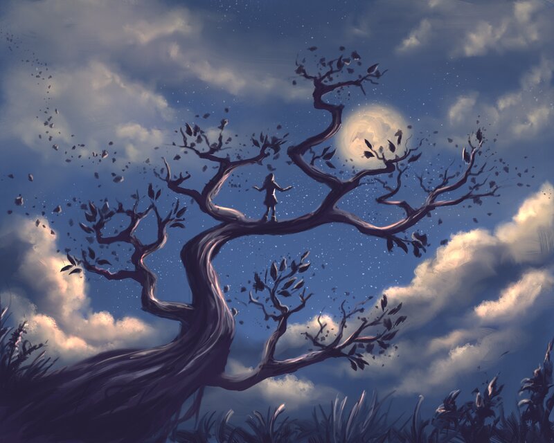 Child on Tree Branch — Blue