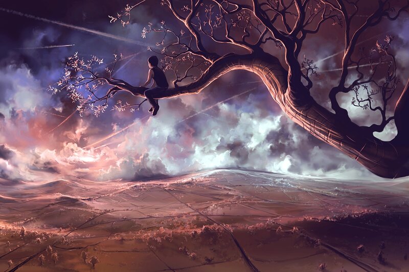 Child on Tree Branch — Purple