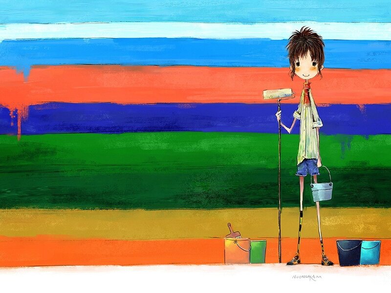 Child painting a colorful wall
