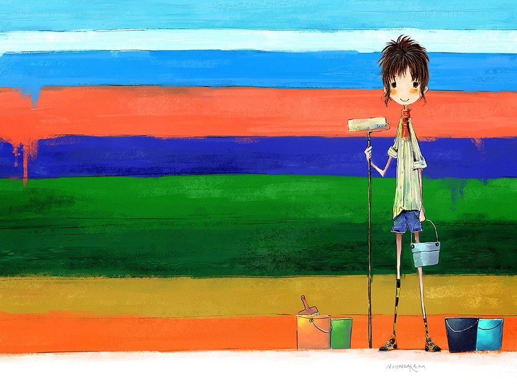 Child painting a colorful wall