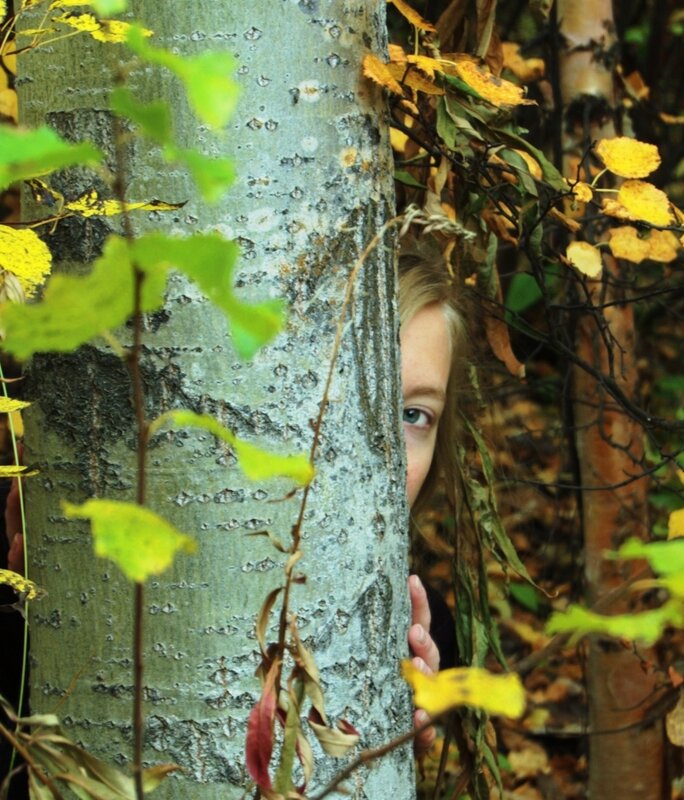 child peeking from behind tree