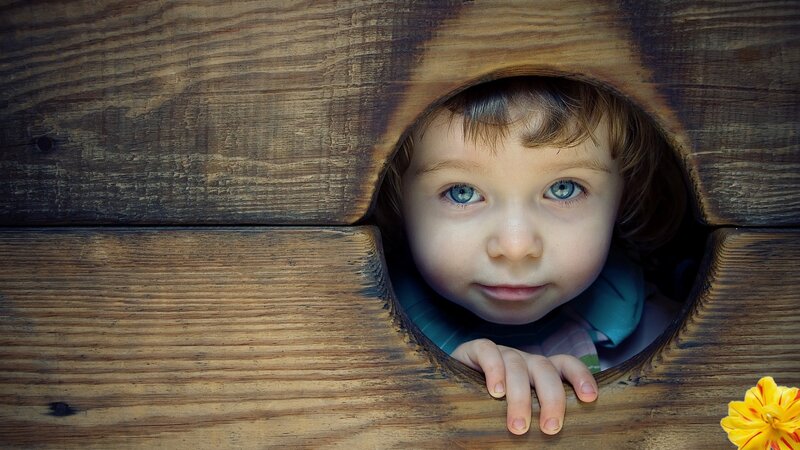 Child Peeking Through Hole — Brown, Curious
