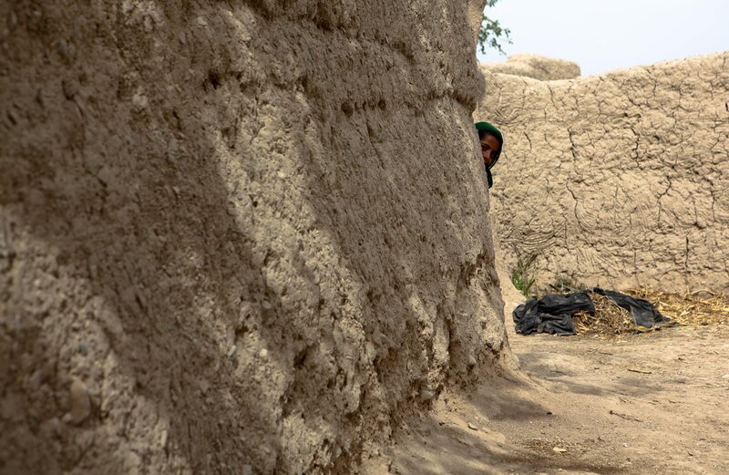 Child peering from behind a wall