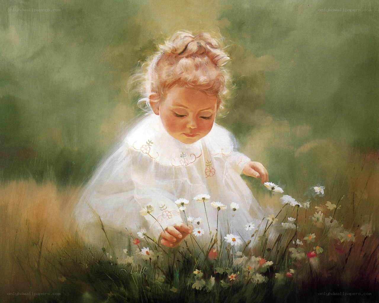 child picking daisies in field