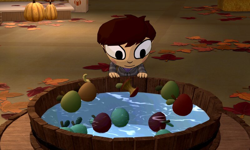 child playing apple bobbing game
