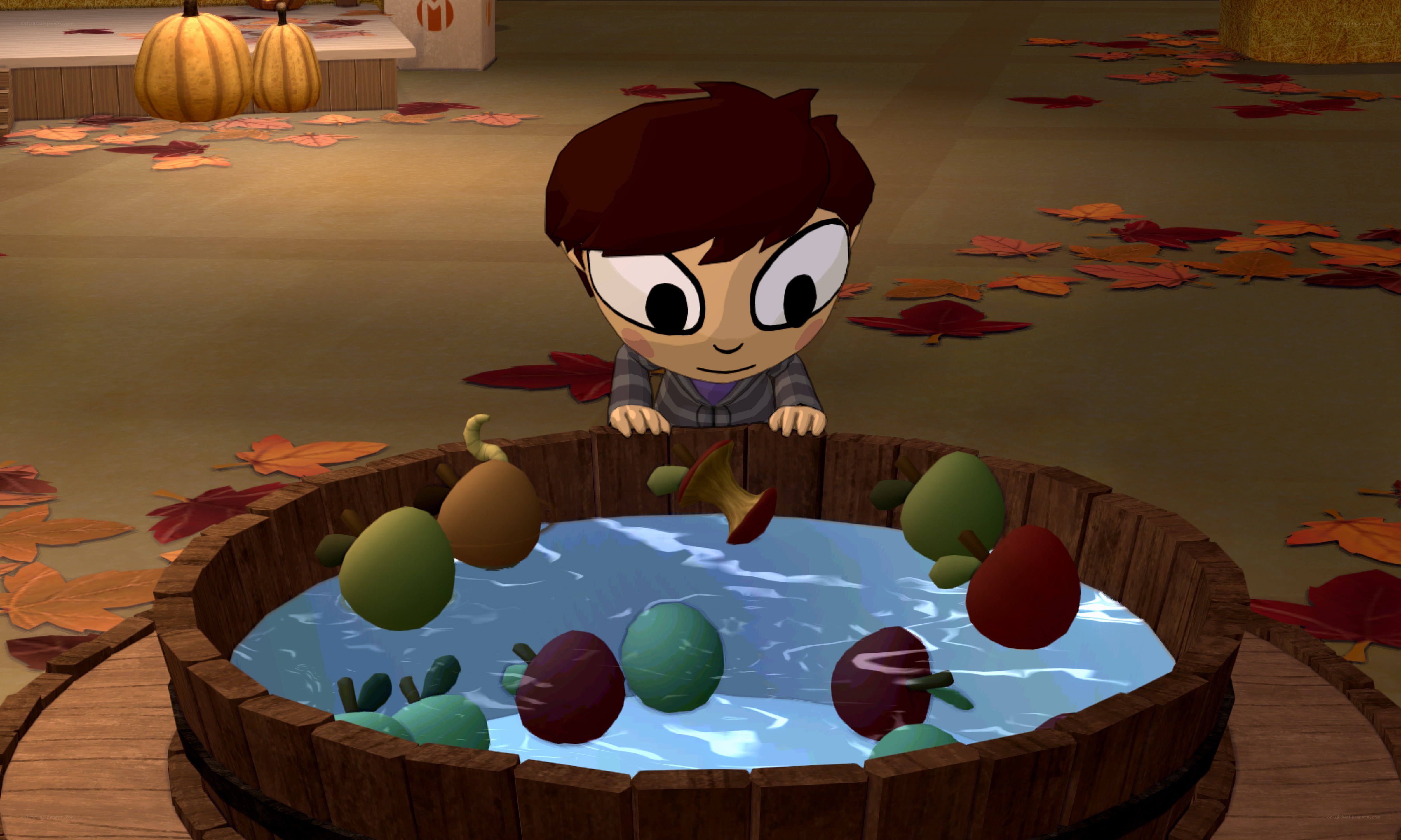 child playing apple bobbing game