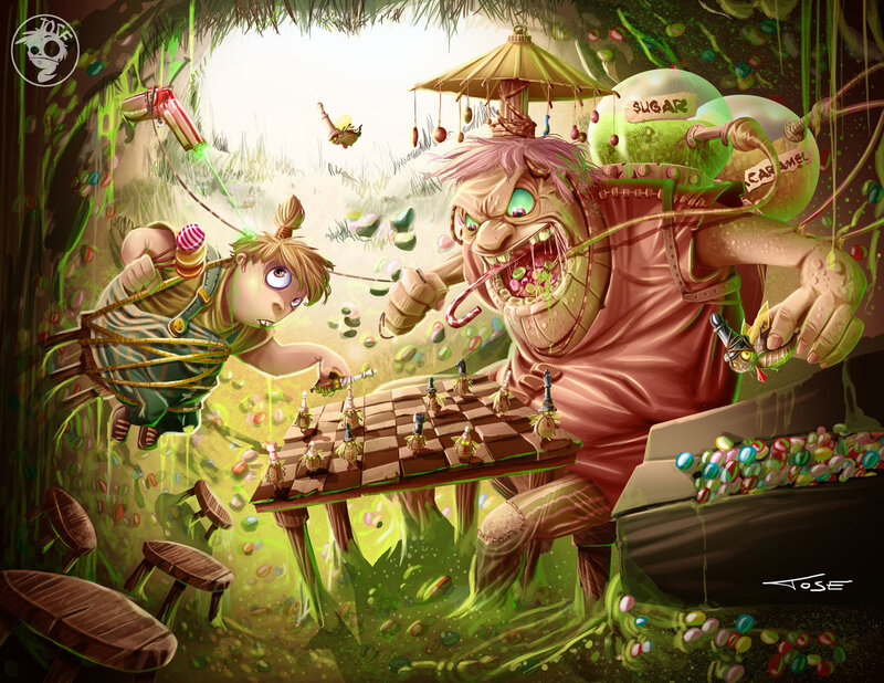 Child Playing Chess with Monster