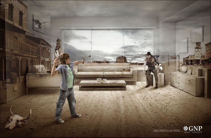 Child playing cowboy in living room