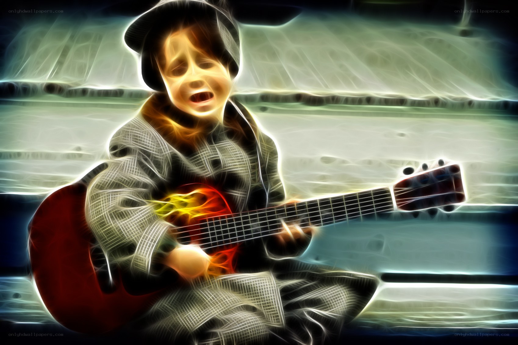 child playing guitar with effect