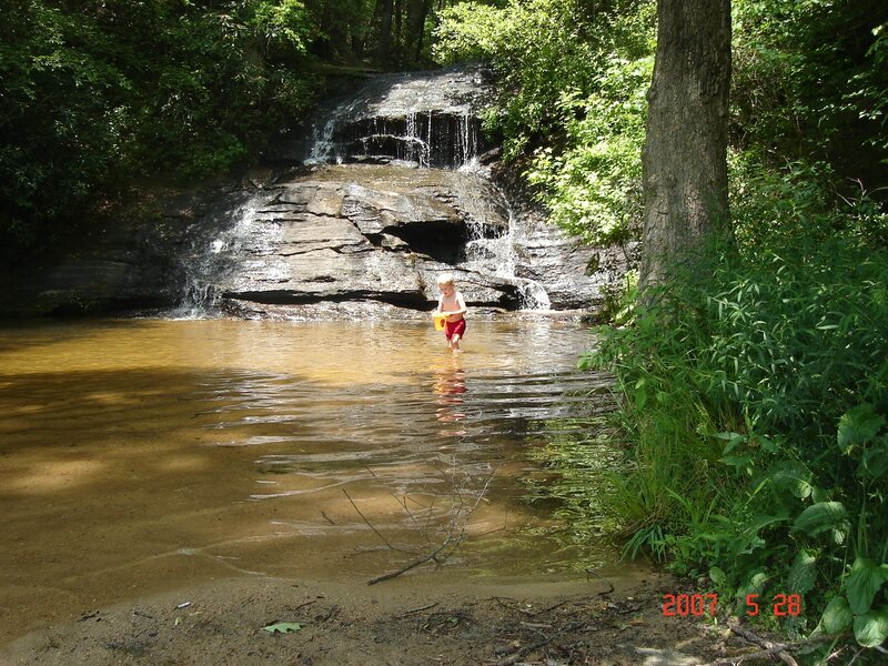 Child playing in a forest stream