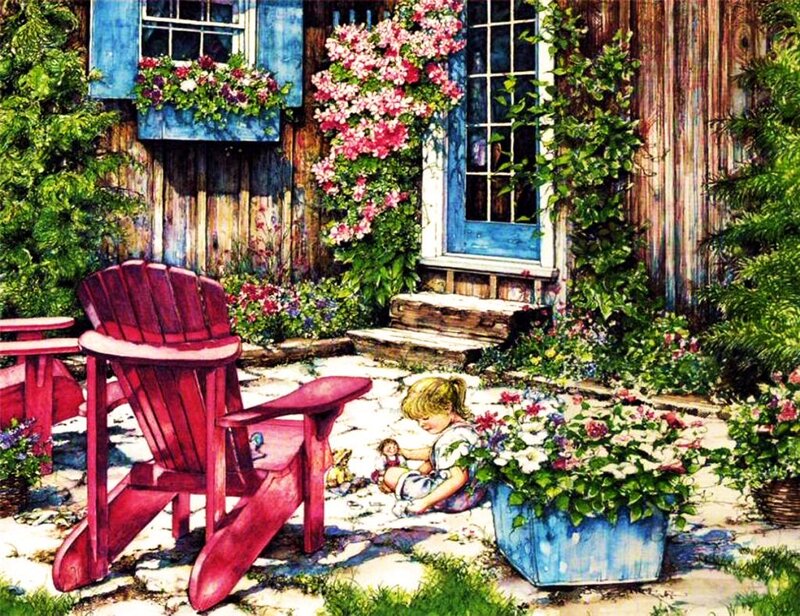 Child Playing in Garden — Red, Serene