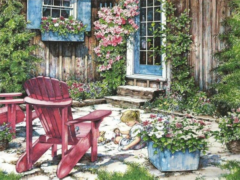 Child Playing in Garden — Red