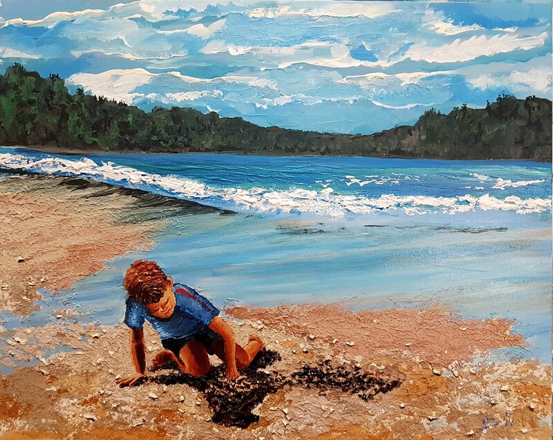 Child Playing on Beach — Blue, Serene