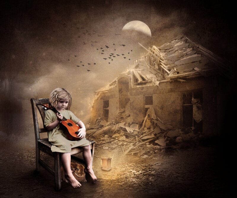 Child Playing Ukulele — Brown
