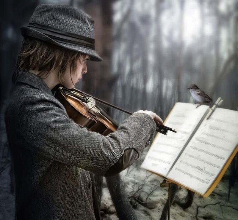 Child Playing Violin — Gray