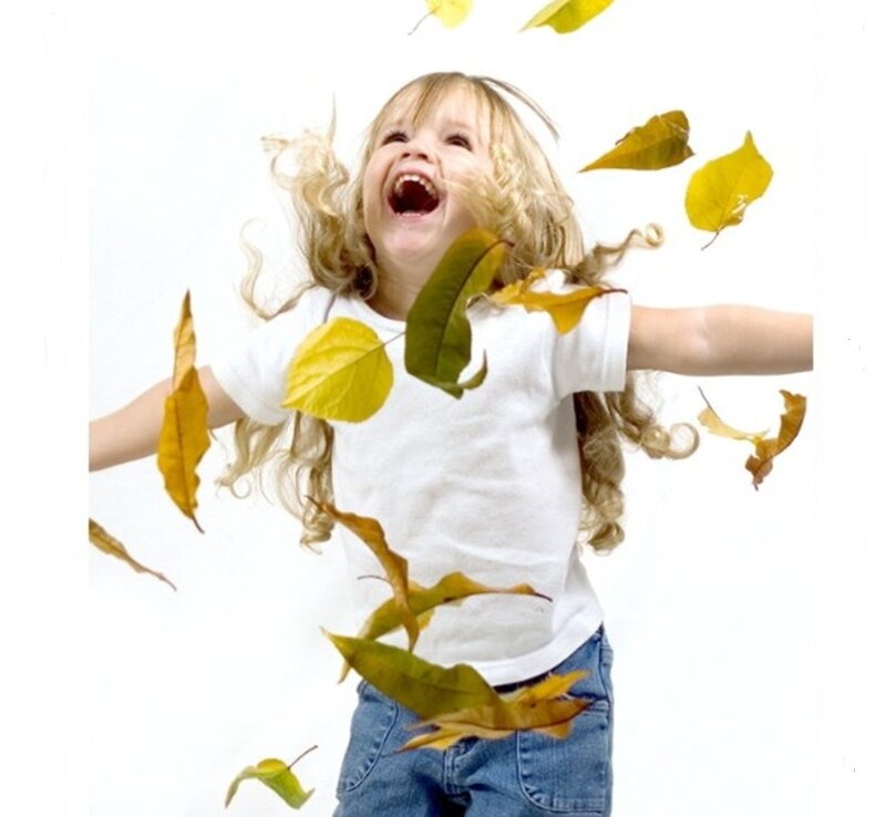 Child Playing with Leaves — White