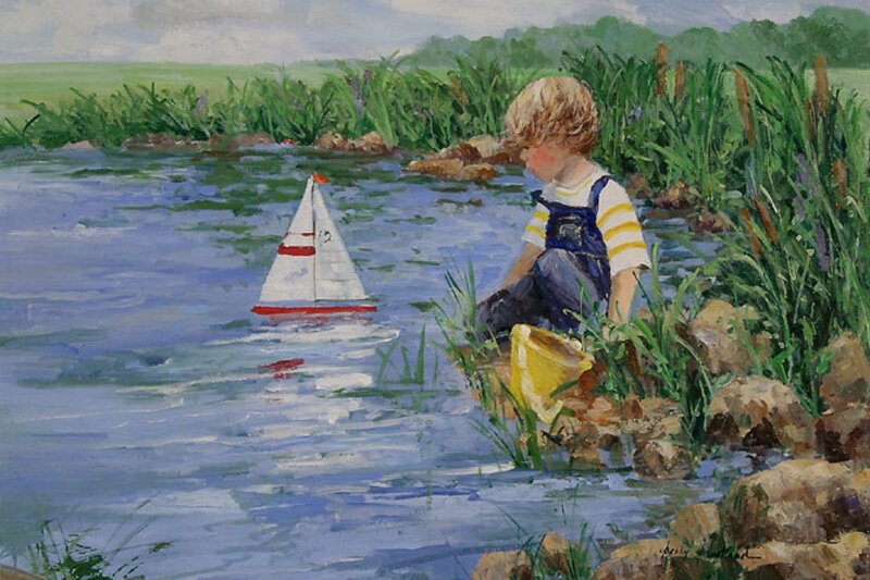 Child Playing with Toy Boat — Blue