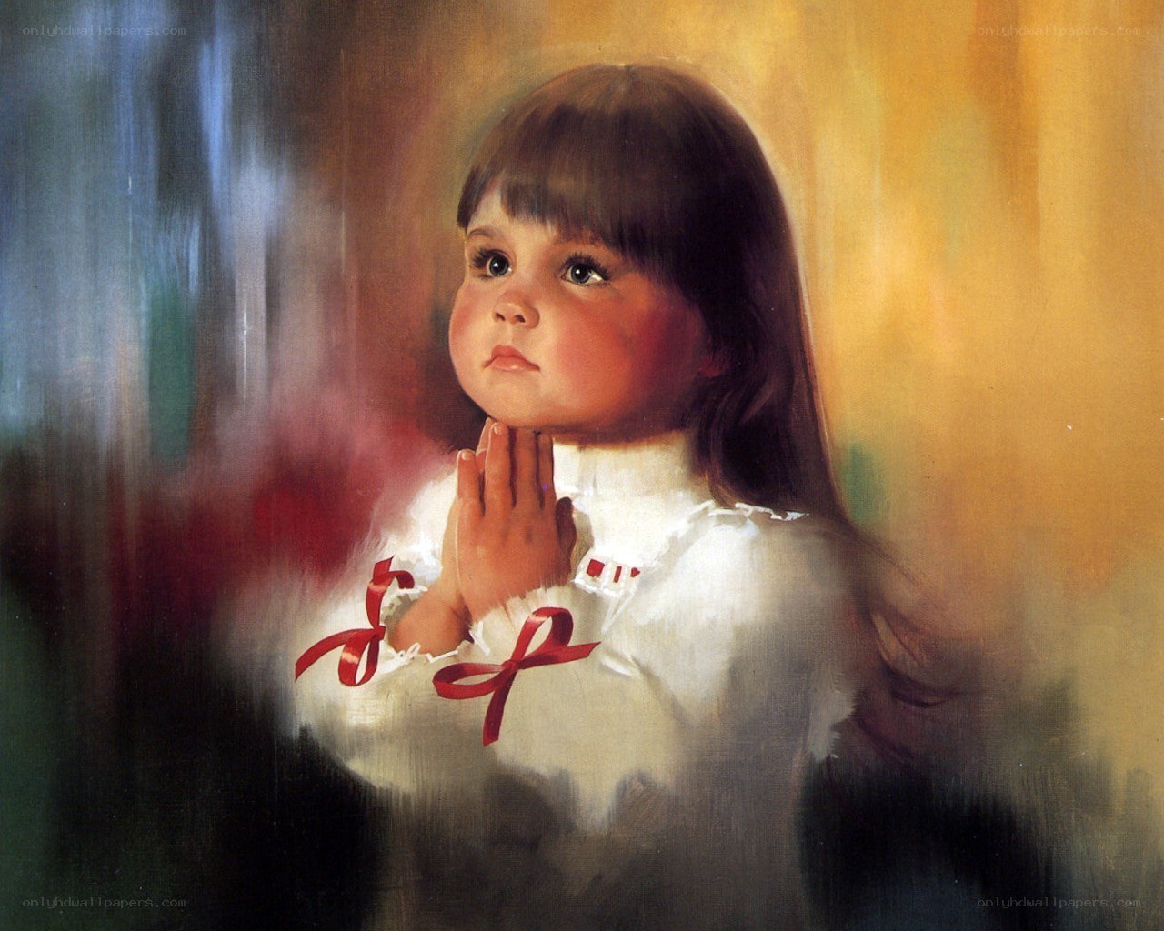 child praying with red ribbons