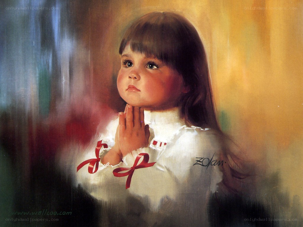 child praying with red ribbons
