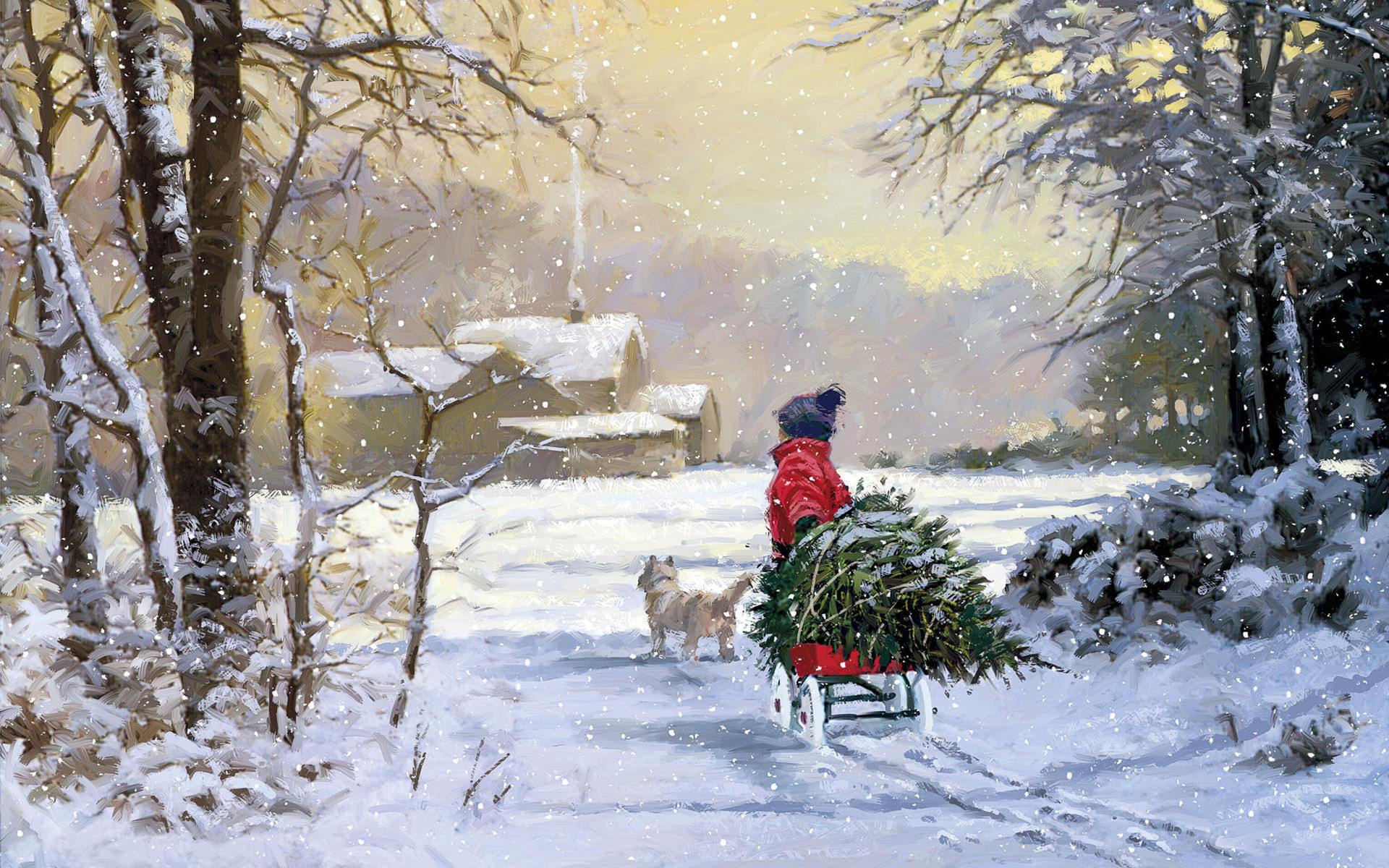 Child pulling Christmas tree in snow