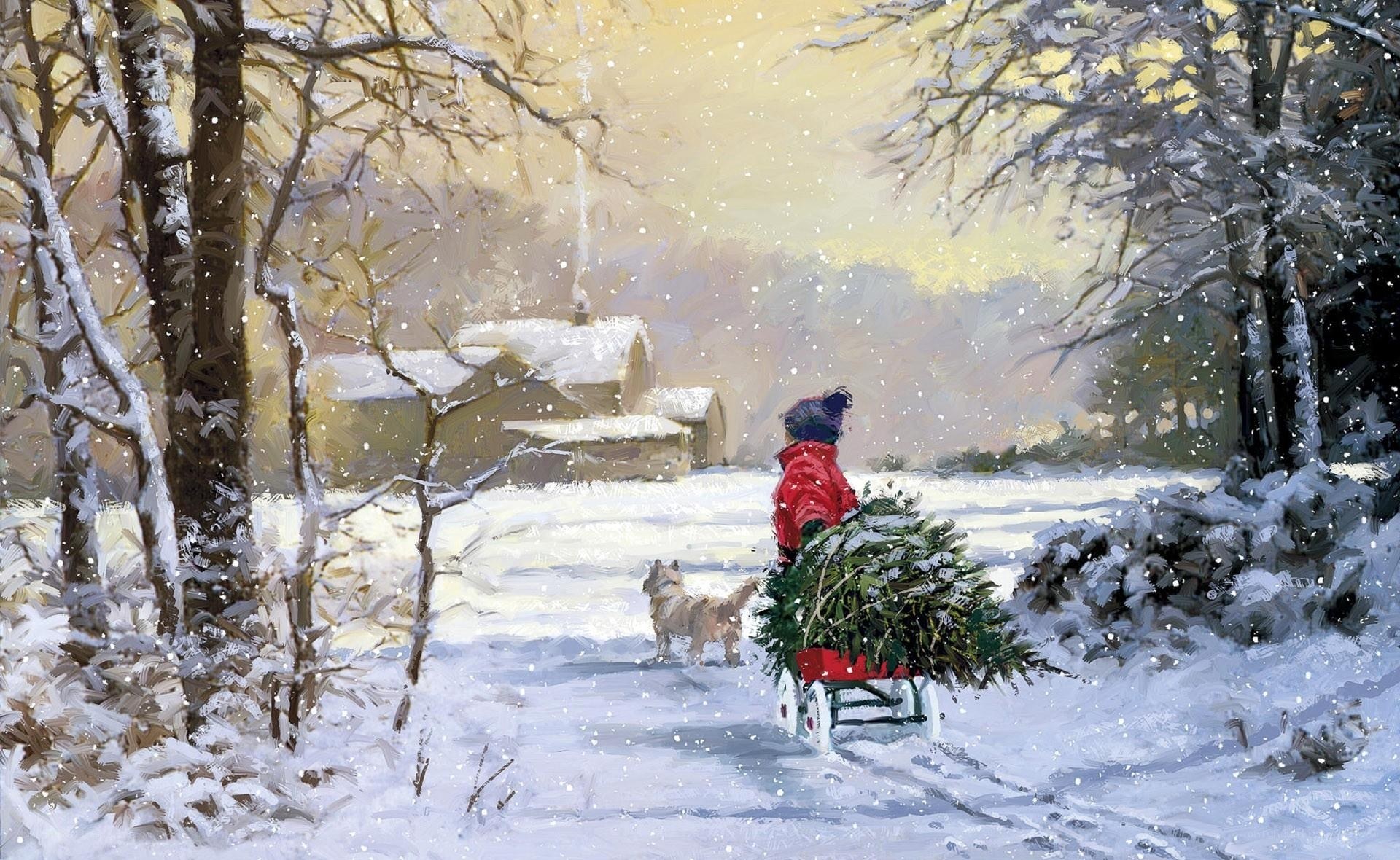 Child pulling Christmas tree in snow
