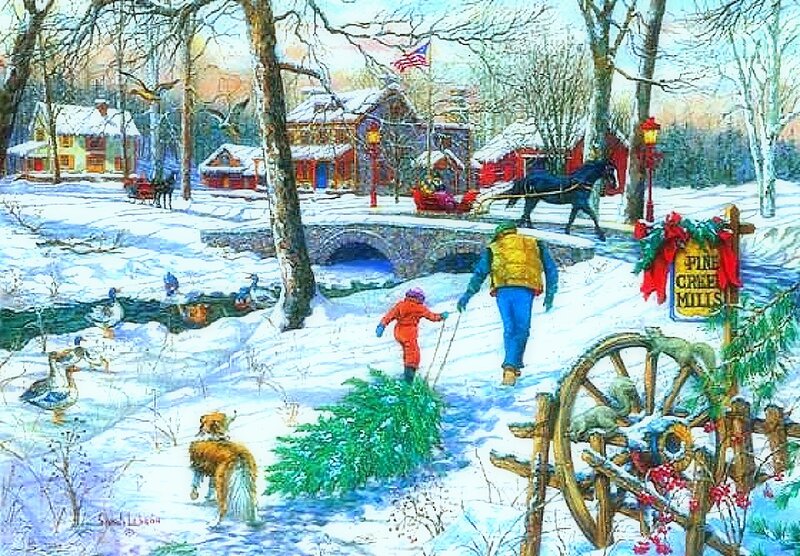 Child Pulling Christmas Tree — White