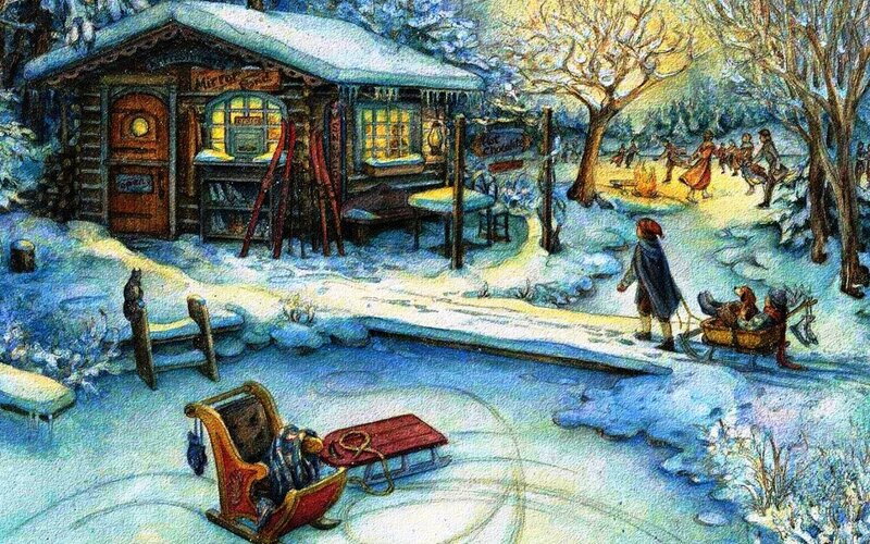 Child Pulling Sled — Blue, Peaceful