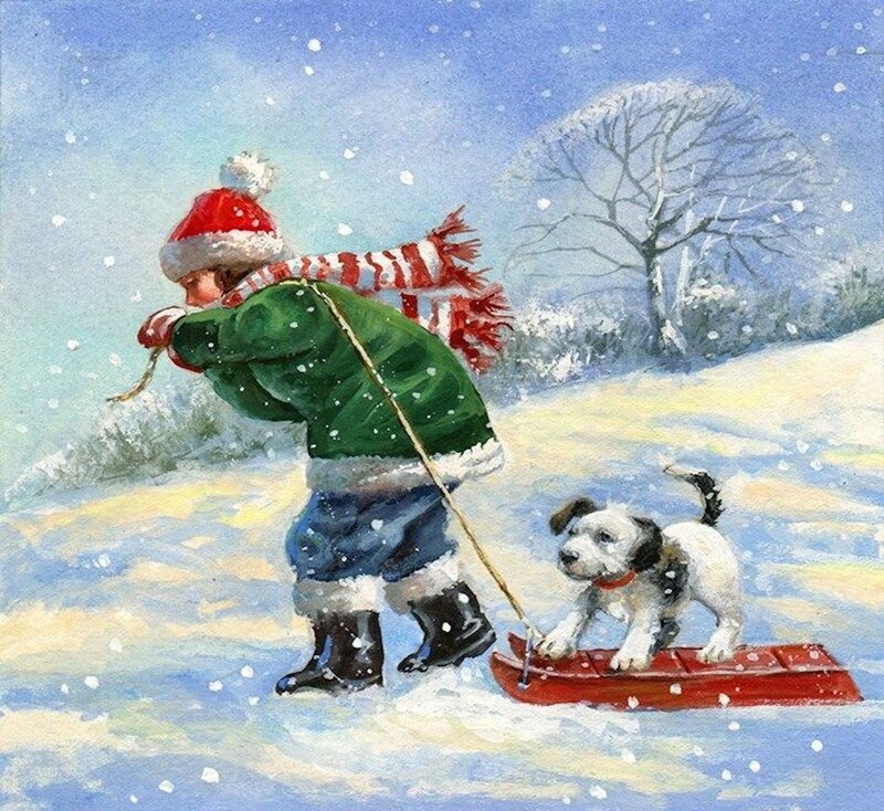 Child Pulling Sled — Blue, Peaceful, Winter