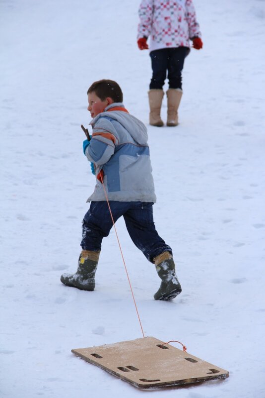 Child pulling sled in snow