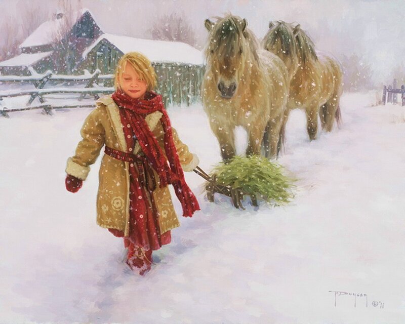 Child Pulling Sled in Snow — White