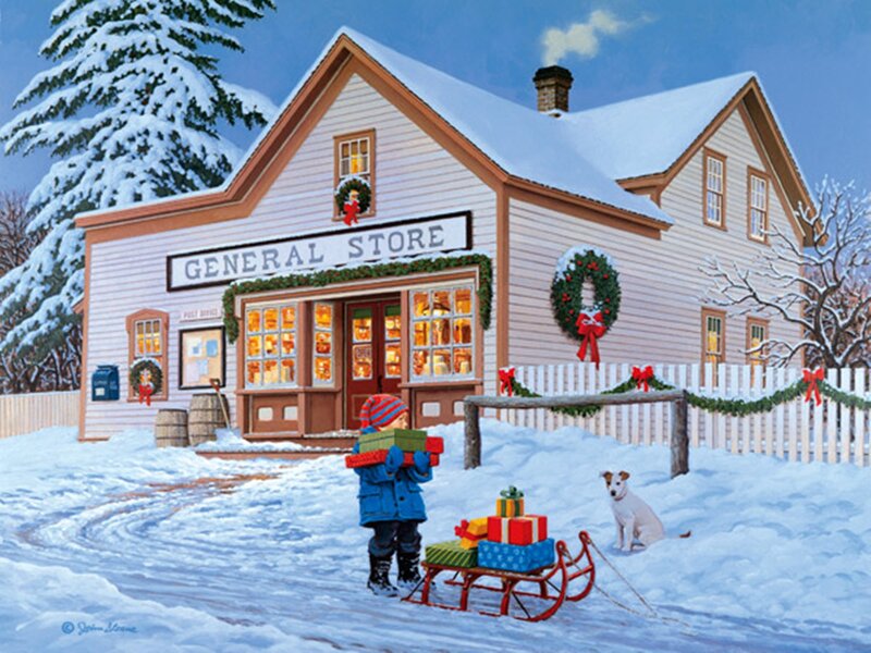 Child Pulling Sled — White, Festive