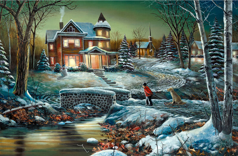 Child Pulling Sled — White, Peaceful, Winter, Painting, Dog