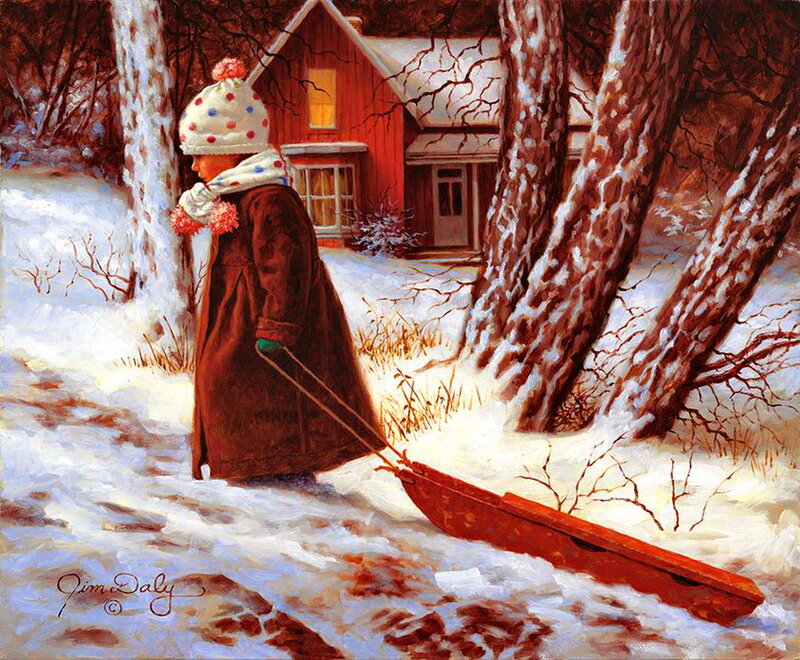 Child Pulling Sled — White, Peaceful, Winter, Painting