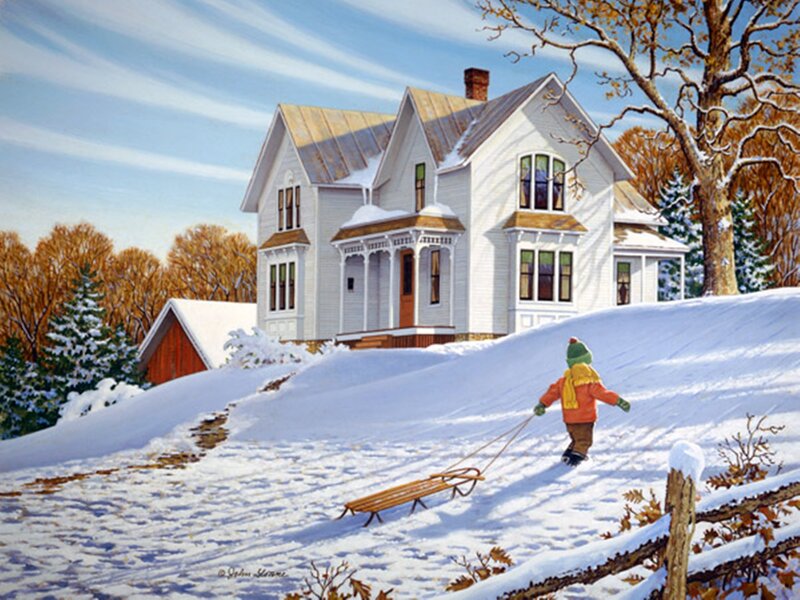 Child Pulling Sled — White, Peaceful, Winter