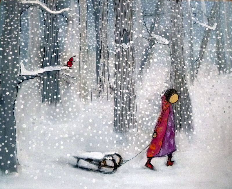 Child Pulling Sled — White, Serene