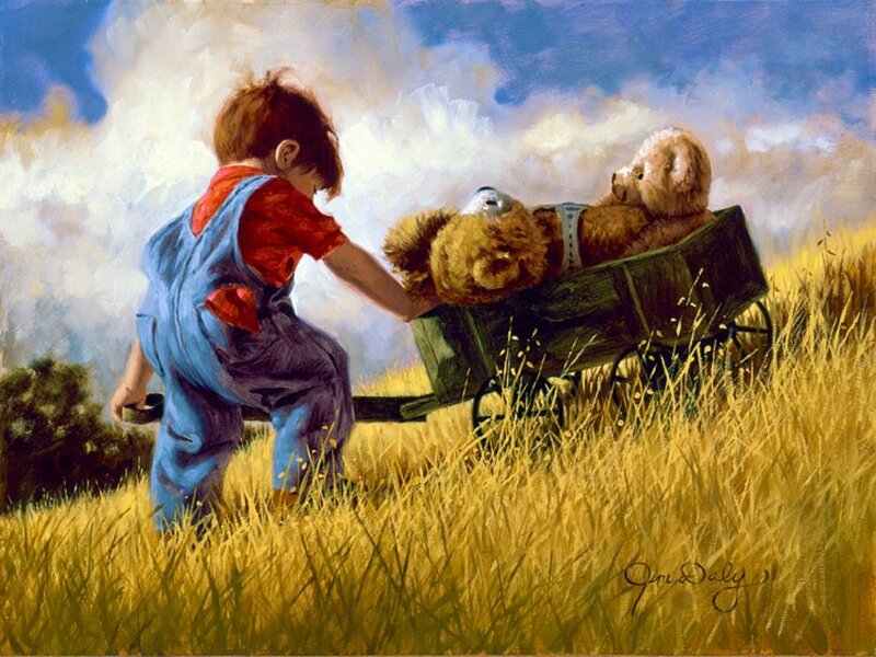 Child Pushing Wagon — Yellow