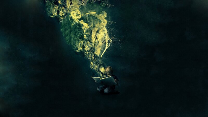 Child Reading Book — Black, Dramatic, Night