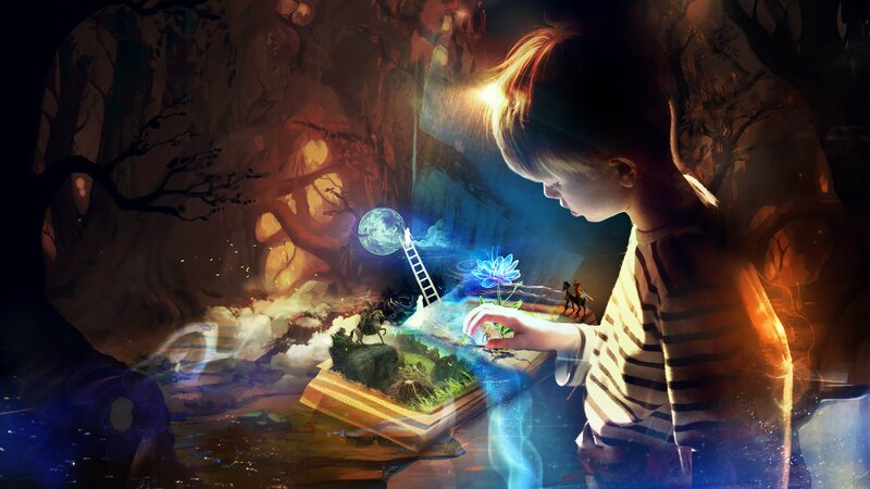 Child Reading Book — Blue, Magical