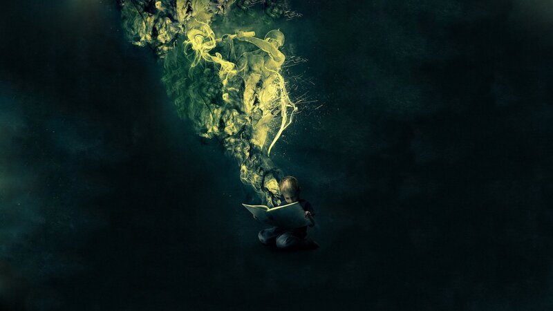 child reading book with smoke