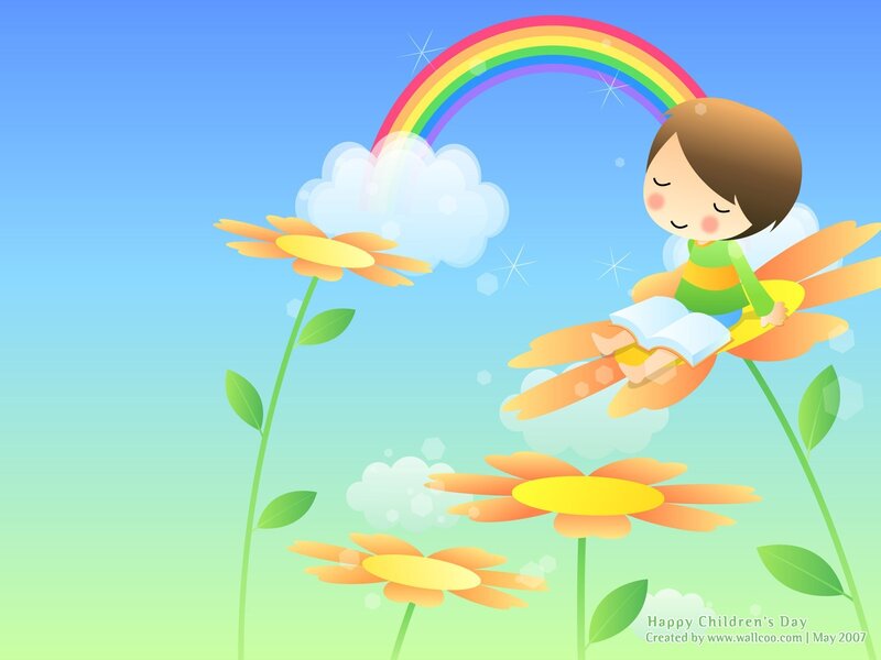 child reading under rainbow
