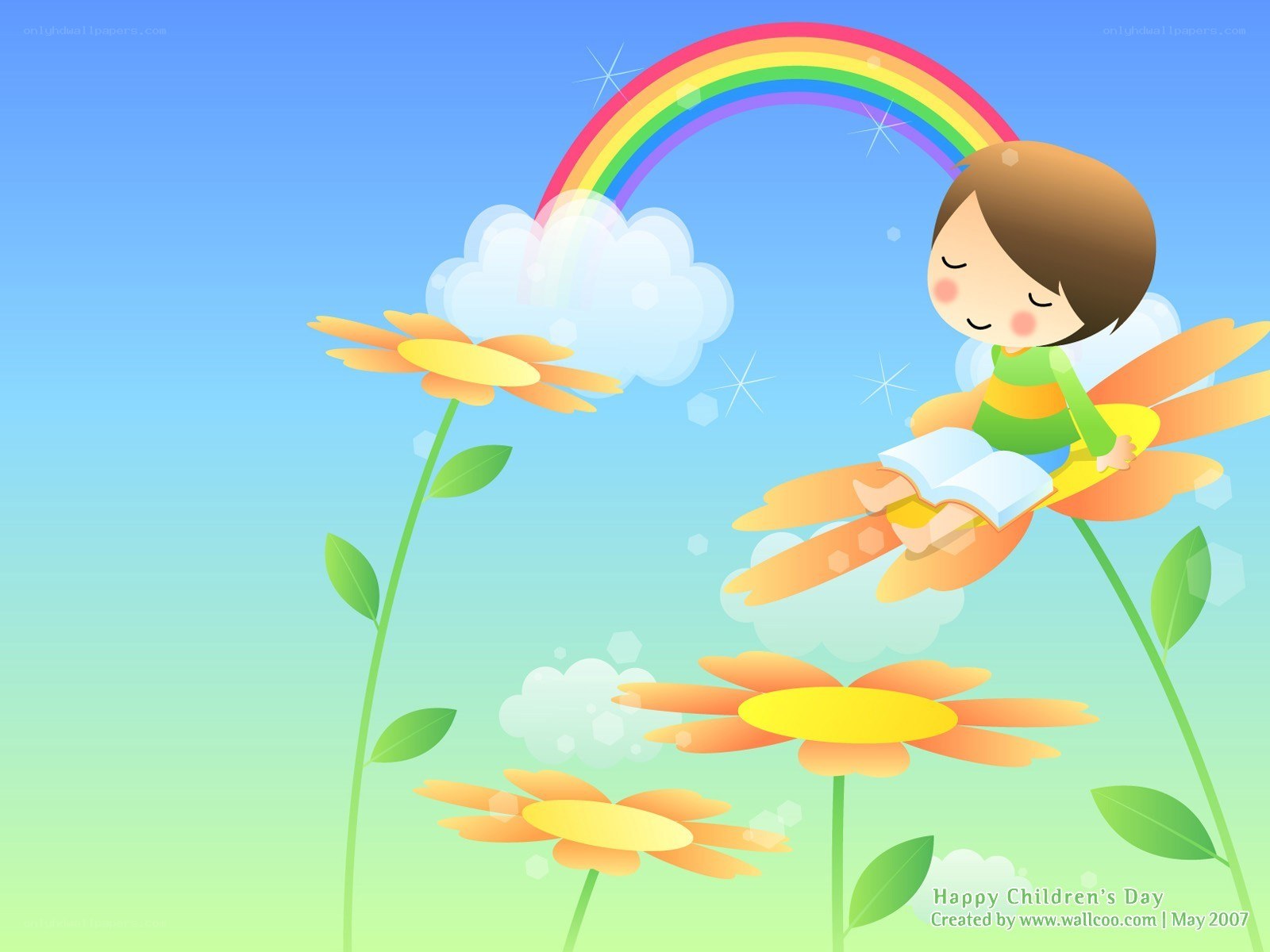 child reading under rainbow