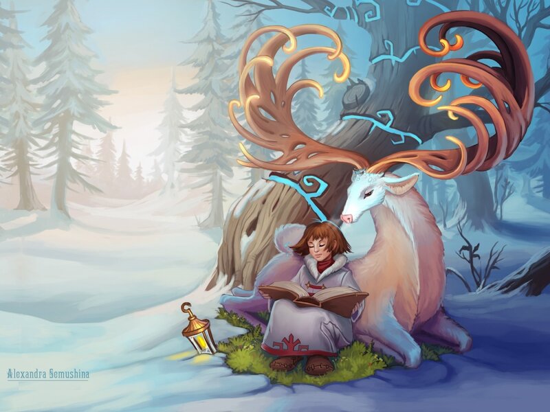 Child Reading with Deer