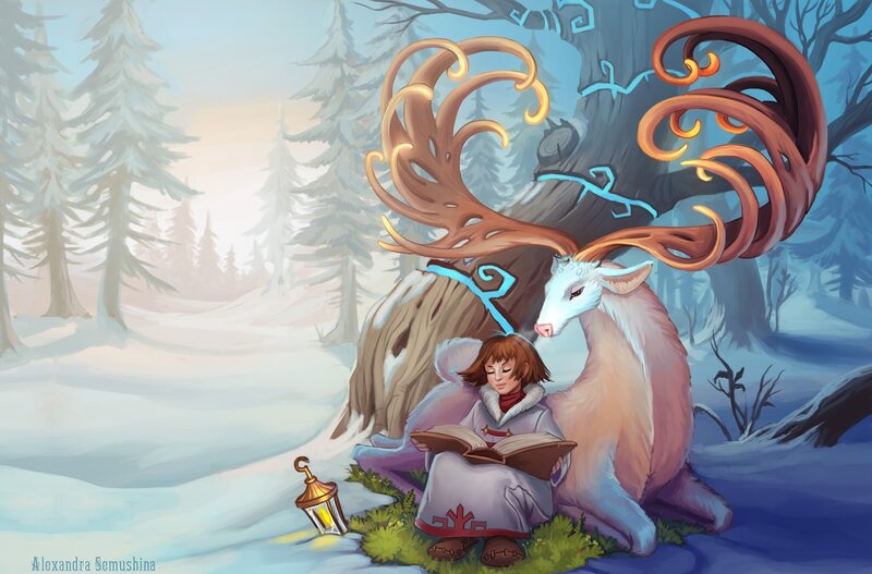 Child Reading with Deer — White