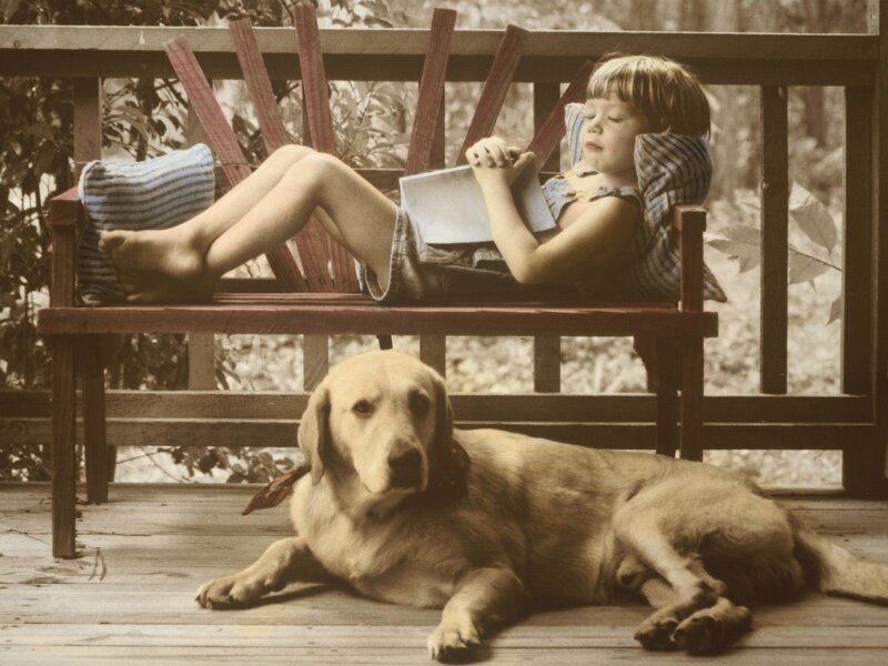 Child reading with dog on porch