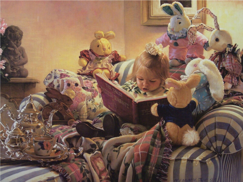 child reading with stuffed rabbits